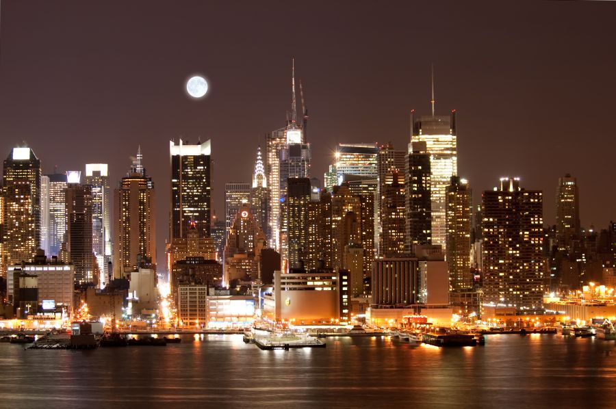 Картина на холсте Луна над причалами Нью-Йорка, арт hd1435101