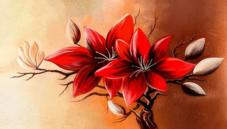 Картина на холсте Рисованные красные цветы, арт hd1444001