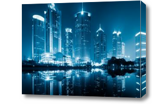 Картина Город, отражение на воде с синем свете